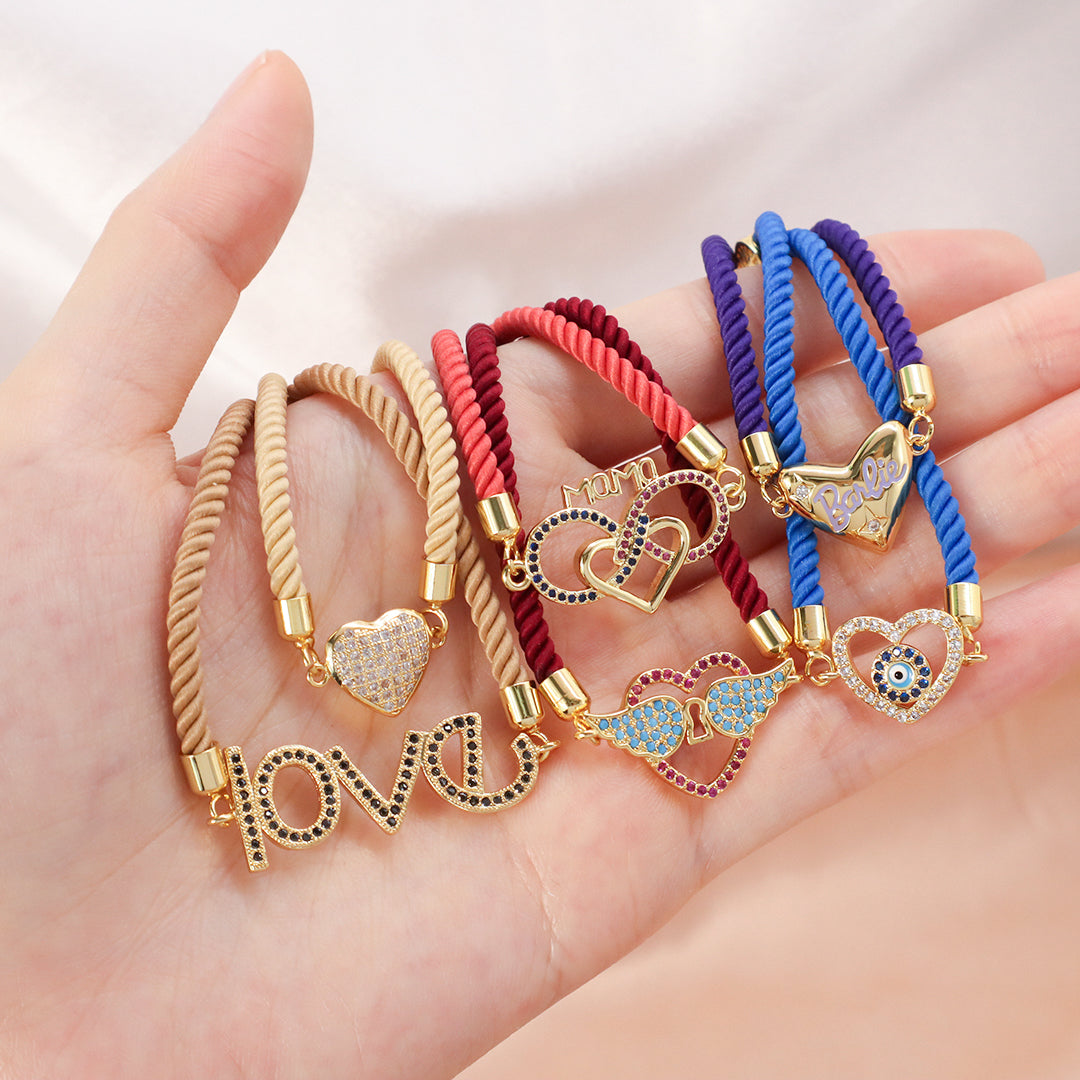Wholesale Factory Customized OEM Women Ajustable Rope Angel Wings evil eyes Heart Shape Charm Gold Plated CZ Love Heart Bracelet