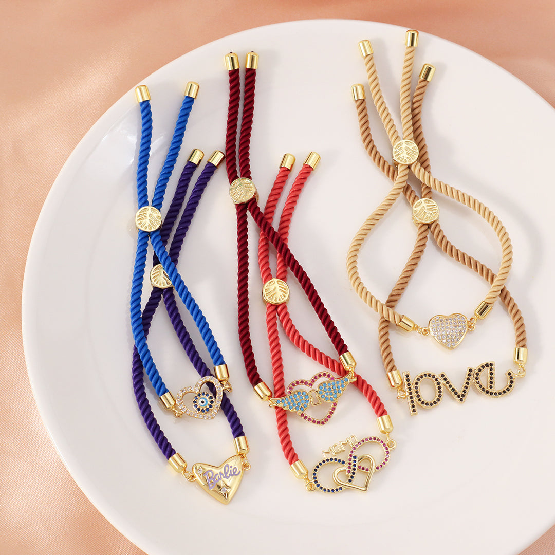 Wholesale Factory Customized OEM Women Ajustable Rope Angel Wings evil eyes Heart Shape Charm Gold Plated CZ Love Heart Bracelet