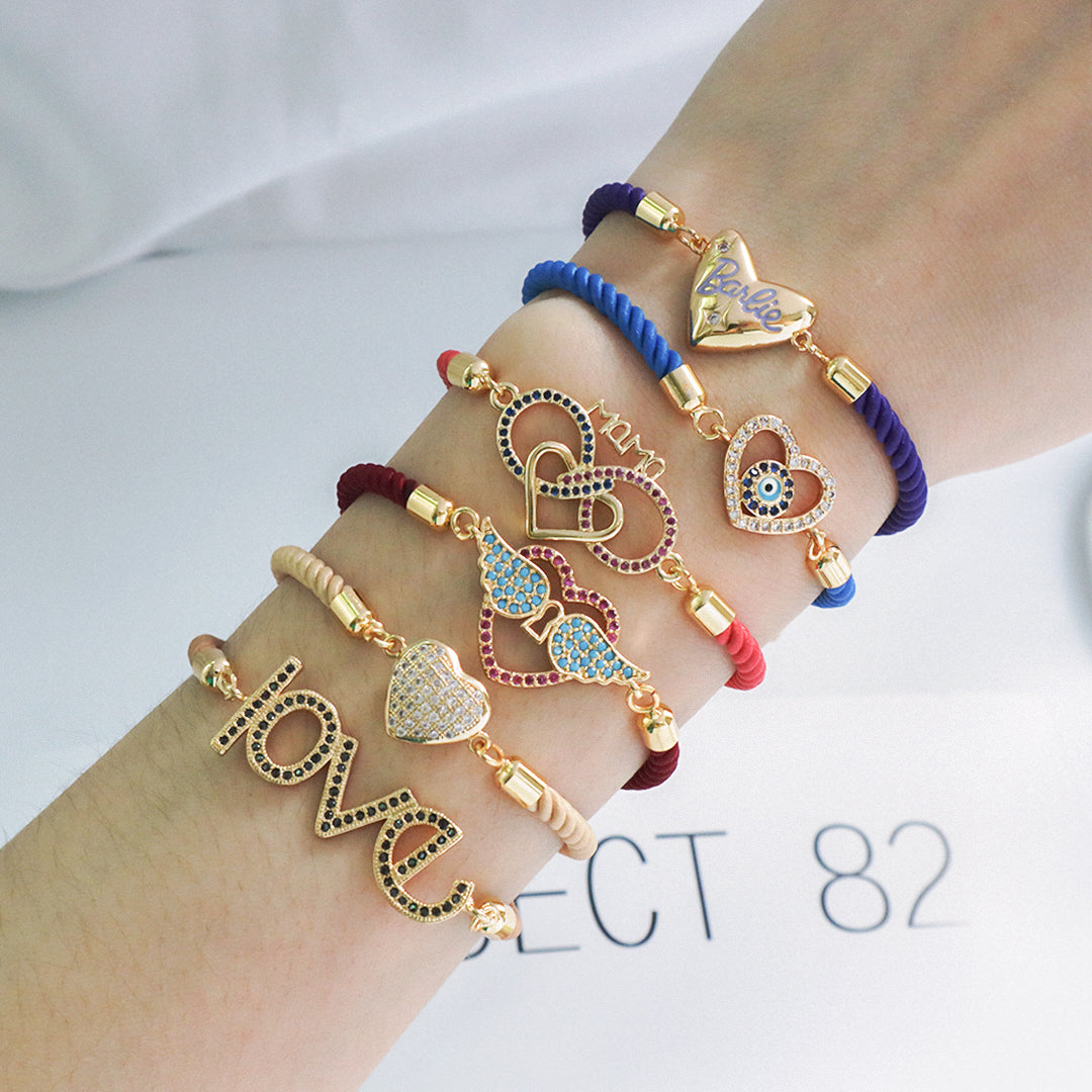 Wholesale Factory Customized OEM Women Ajustable Rope Angel Wings evil eyes Heart Shape Charm Gold Plated CZ Love Heart Bracelet