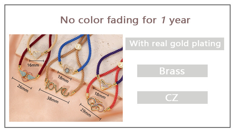 Wholesale Factory Customized OEM Women Ajustable Rope Angel Wings evil eyes Heart Shape Charm Gold Plated CZ Love Heart Bracelet