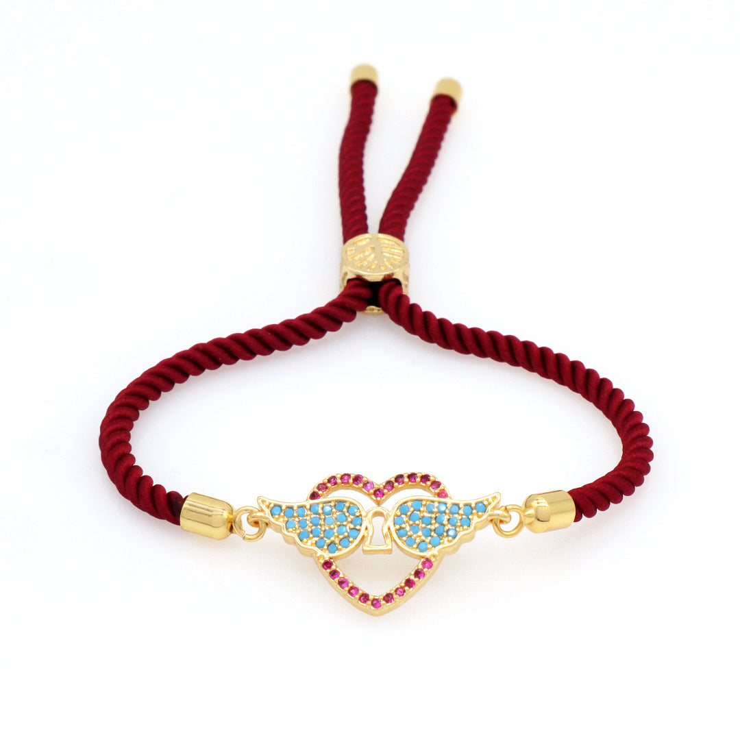 Wholesale Factory Customized OEM Women Ajustable Rope Angel Wings evil eyes Heart Shape Charm Gold Plated CZ Love Heart Bracelet