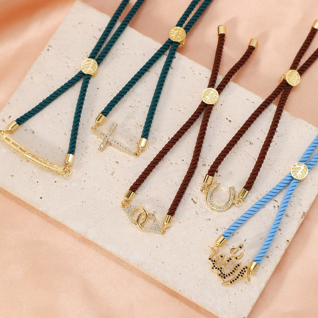 Women Custom China Factory Wholesale Manufacture OEM Rectangle U shape Cross Charm Ajustable Rope Gold Plated CZ Cross bracelet