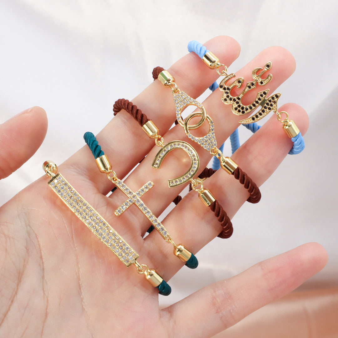 Women Custom China Factory Wholesale Manufacture OEM Rectangle U shape Cross Charm Ajustable Rope Gold Plated CZ Cross bracelet