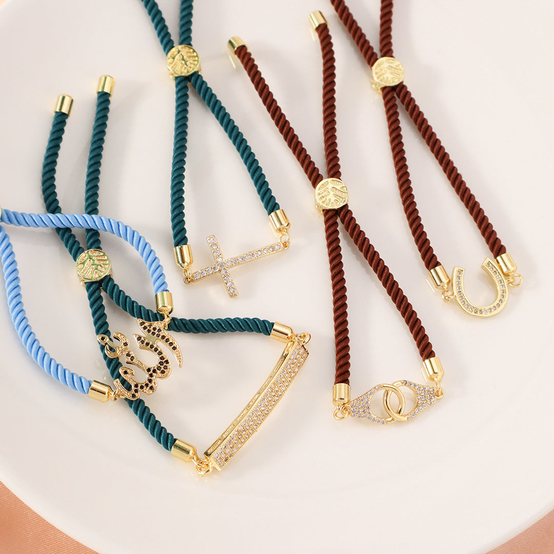Women Custom China Factory Wholesale Manufacture OEM Rectangle U shape Cross Charm Ajustable Rope Gold Plated CZ Cross bracelet