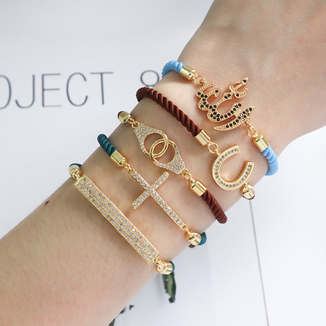 Women Custom China Factory Wholesale Manufacture OEM Rectangle U shape Cross Charm Ajustable Rope Gold Plated CZ Cross bracelet