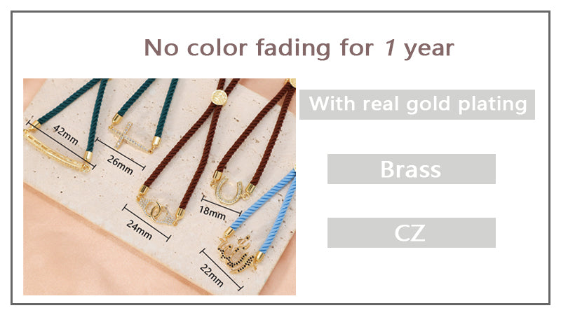 Women Custom China Factory Wholesale Manufacture OEM Rectangle U shape Cross Charm Ajustable Rope Gold Plated CZ Cross bracelet