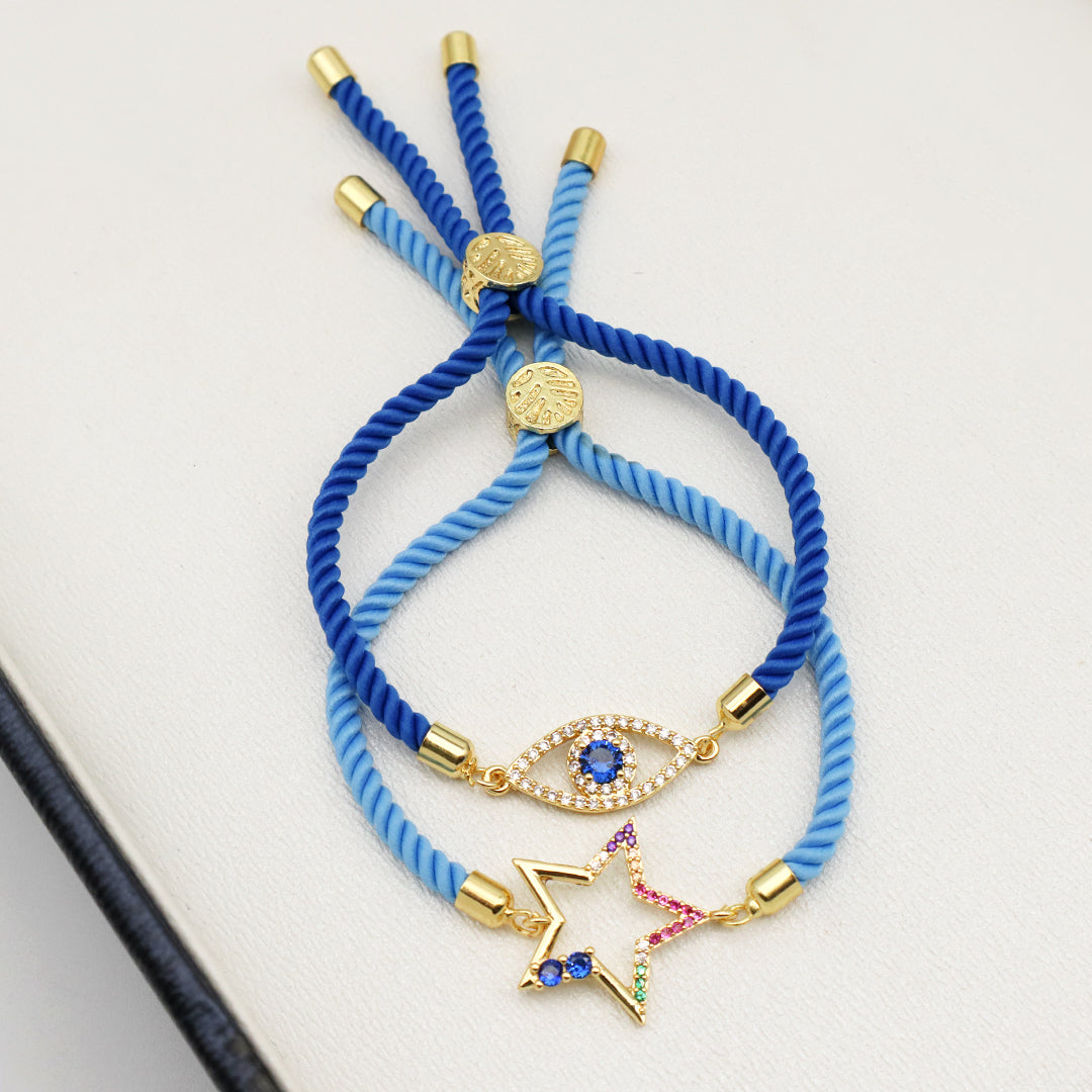OEM Wholesale Custom Factory Women Blue Ajustable Rope CZ Star evil eyes Charm Bracelet Gold Plated Turkish evil eyes bracelet