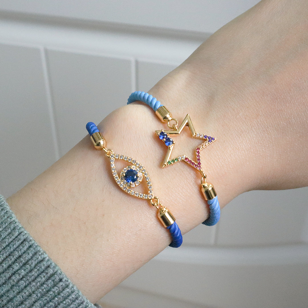 OEM Wholesale Custom Factory Women Blue Ajustable Rope CZ Star evil eyes Charm Bracelet Gold Plated Turkish evil eyes bracelet