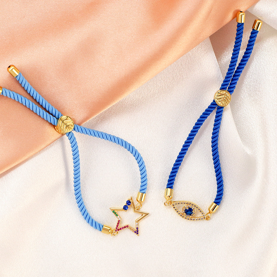 OEM Wholesale Custom Factory Women Blue Ajustable Rope CZ Star evil eyes Charm Bracelet Gold Plated Turkish evil eyes bracelet