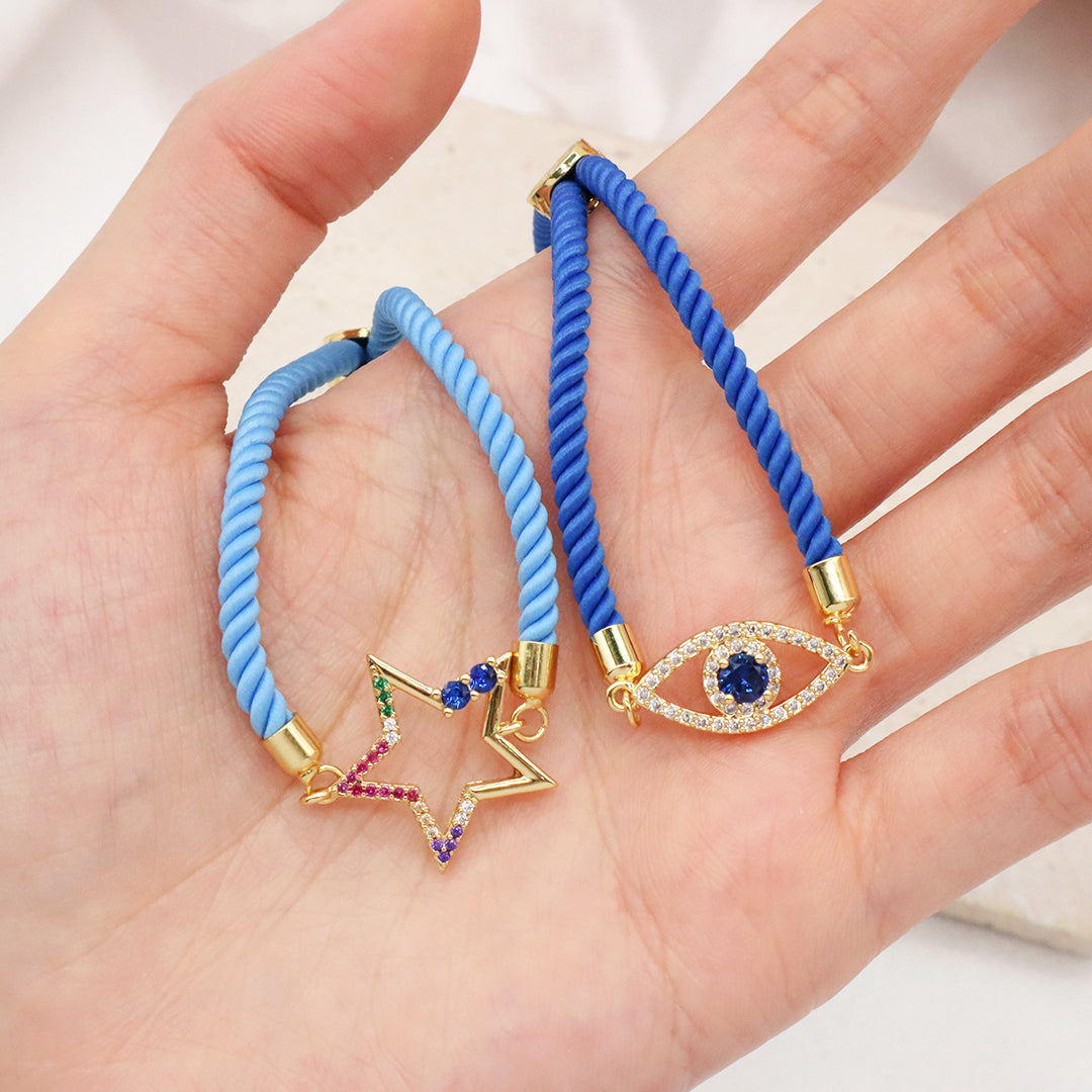 OEM Wholesale Custom Factory Women Blue Ajustable Rope CZ Star evil eyes Charm Bracelet Gold Plated Turkish evil eyes bracelet