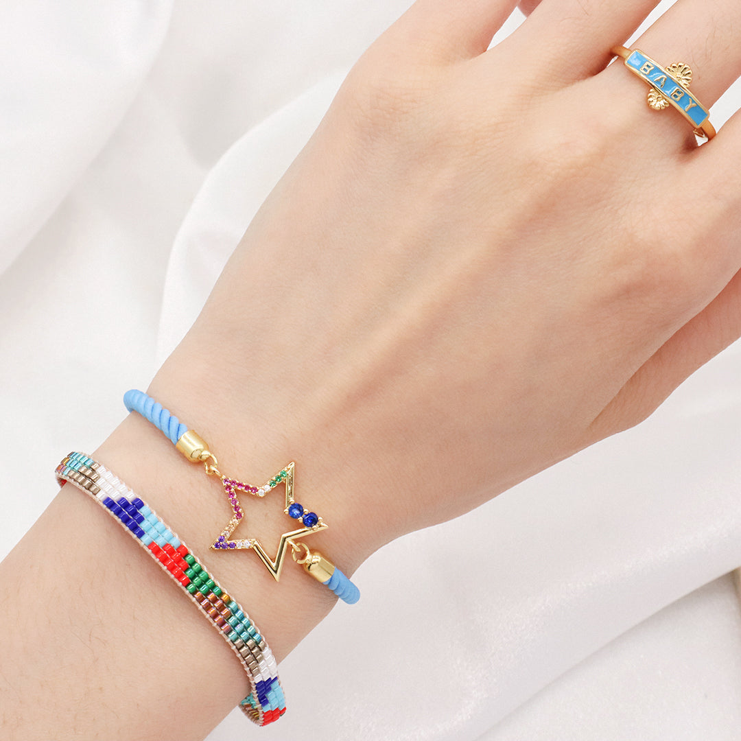 OEM Wholesale Custom Factory Women Blue Ajustable Rope CZ Star evil eyes Charm Bracelet Gold Plated Turkish evil eyes bracelet