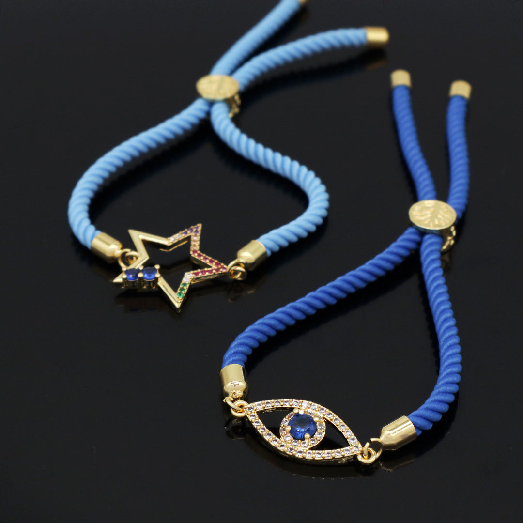 OEM Wholesale Custom Factory Women Blue Ajustable Rope CZ Star evil eyes Charm Bracelet Gold Plated Turkish evil eyes bracelet