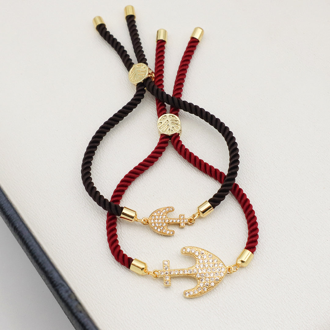 Ajustable Red Black Rope Manufacture OEM China Factory Wholesale Custom CZ Gold Plated anchor Charm Bracelet for Women Gift