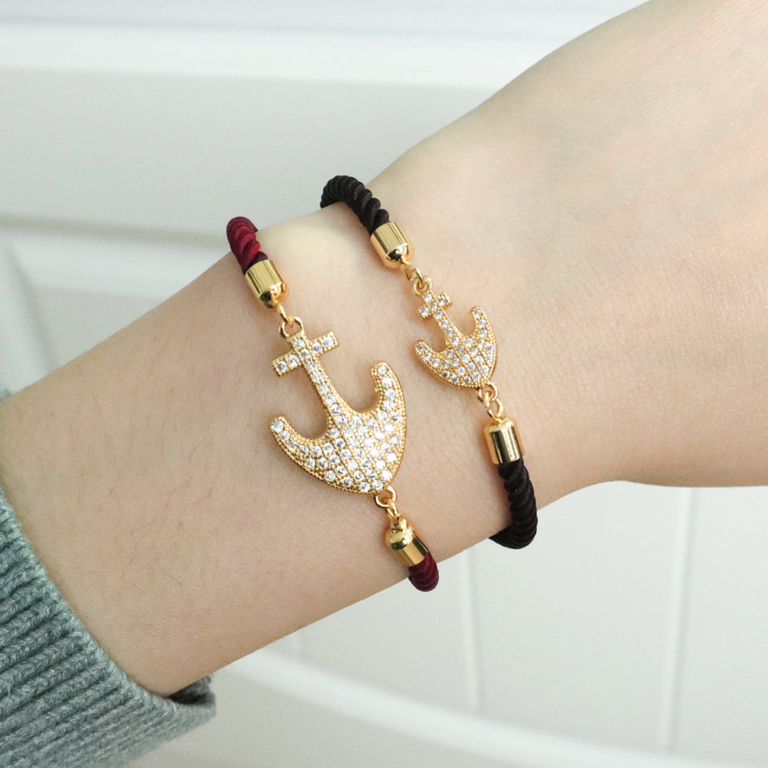 Ajustable Red Black Rope Manufacture OEM China Factory Wholesale Custom CZ Gold Plated anchor Charm Bracelet for Women Gift