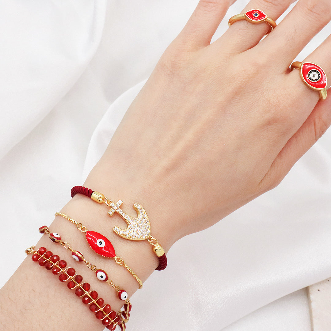 Ajustable Red Black Rope Manufacture OEM China Factory Wholesale Custom CZ Gold Plated anchor Charm Bracelet for Women Gift