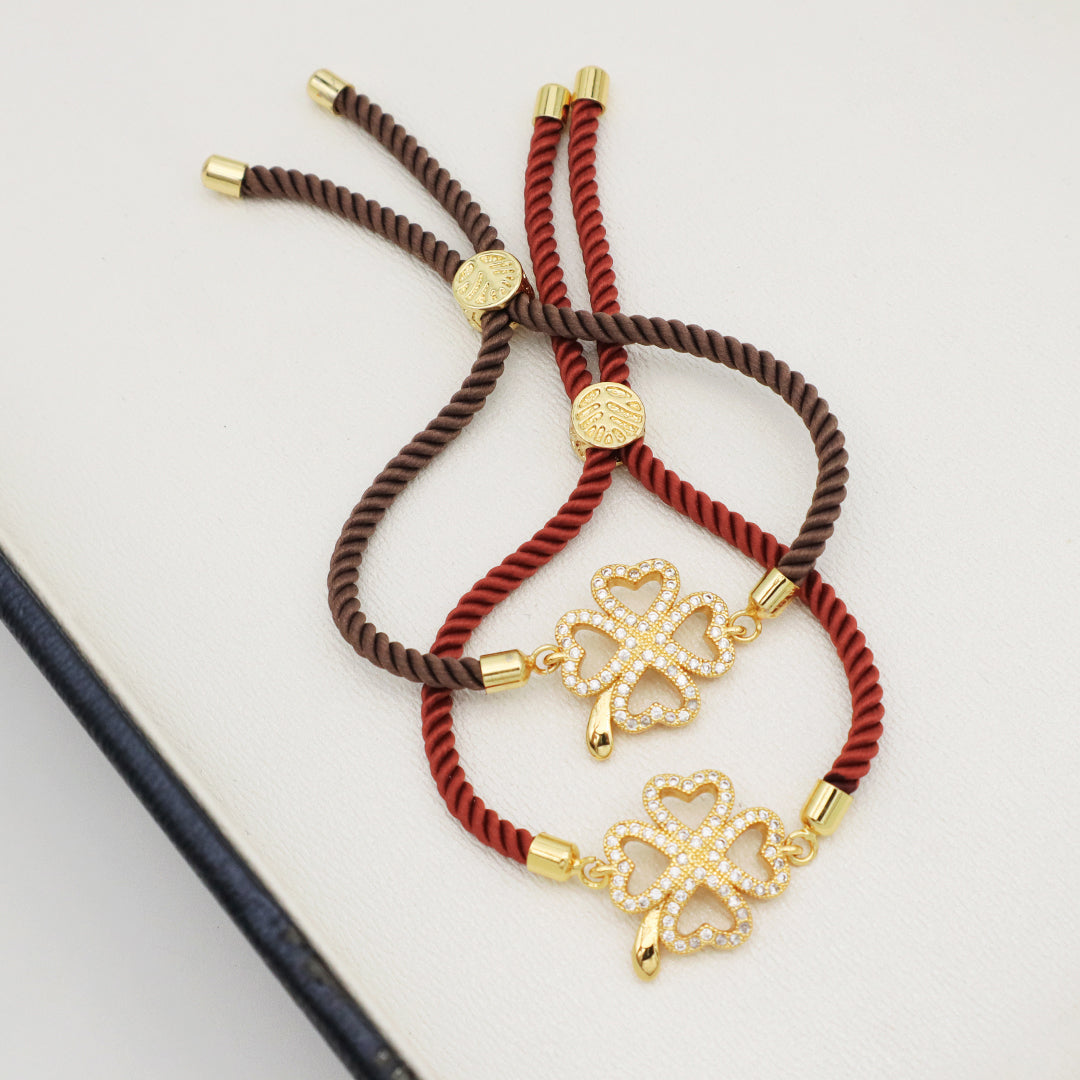 Manufacture Factory Wholesale Custom Ajustable Rope Lucky Charm Jewelry CZ Gold Plated Lucky Ladies Four Leaf clover bracelet