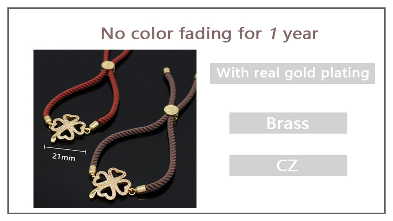 Manufacture Factory Wholesale Custom Ajustable Rope Lucky Charm Jewelry CZ Gold Plated Lucky Ladies Four Leaf clover bracelet