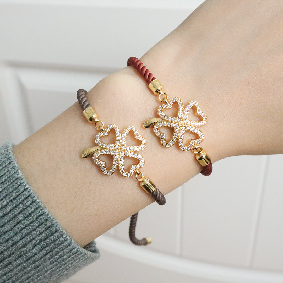 Manufacture Factory Wholesale Custom Ajustable Rope Lucky Charm Jewelry CZ Gold Plated Lucky Ladies Four Leaf clover bracelet