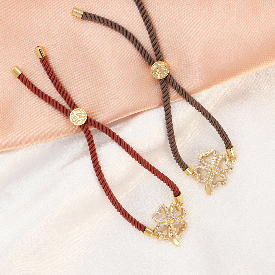 Manufacture Factory Wholesale Custom Ajustable Rope Lucky Charm Jewelry CZ Gold Plated Lucky Ladies Four Leaf clover bracelet