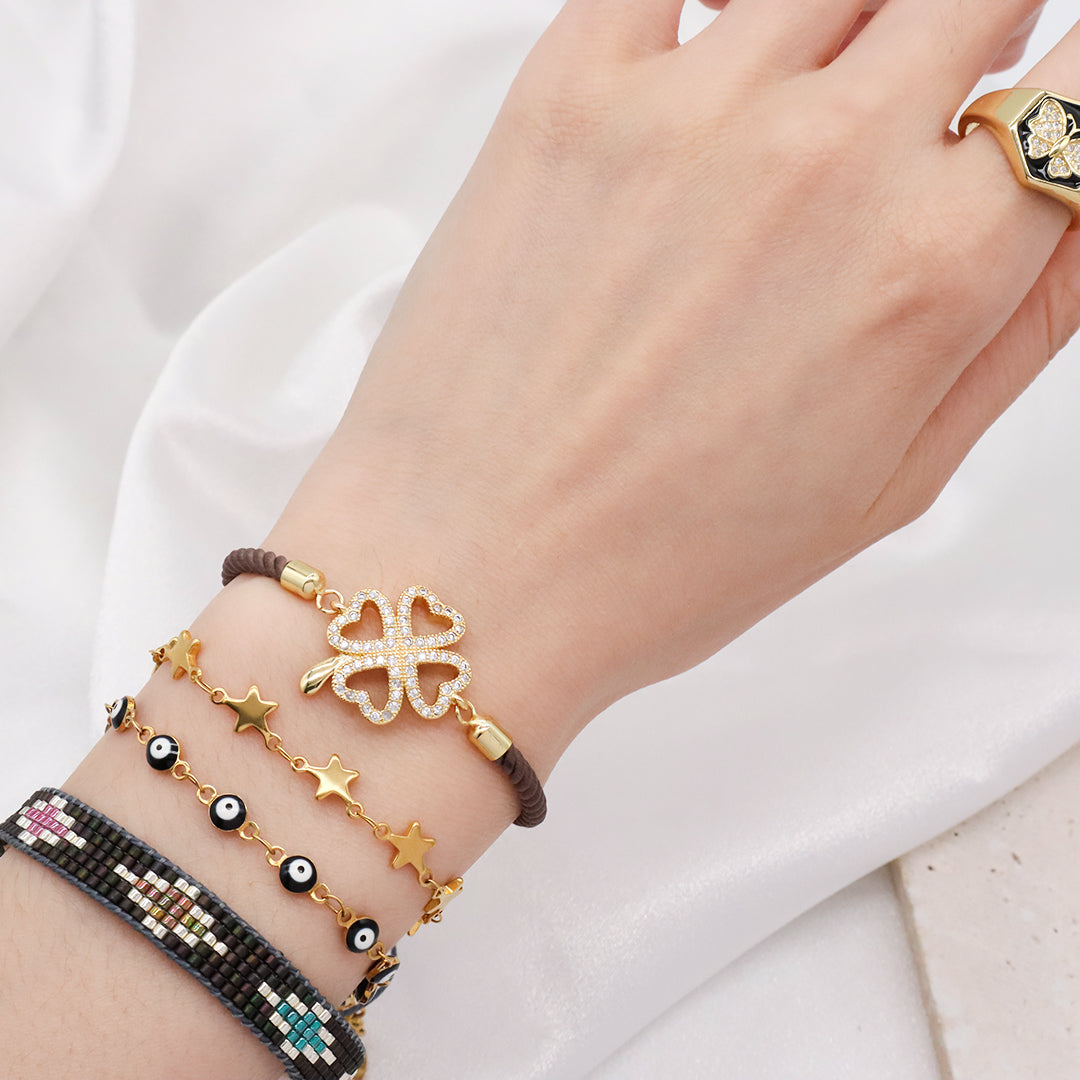 Manufacture Factory Wholesale Custom Ajustable Rope Lucky Charm Jewelry CZ Gold Plated Lucky Ladies Four Leaf clover bracelet