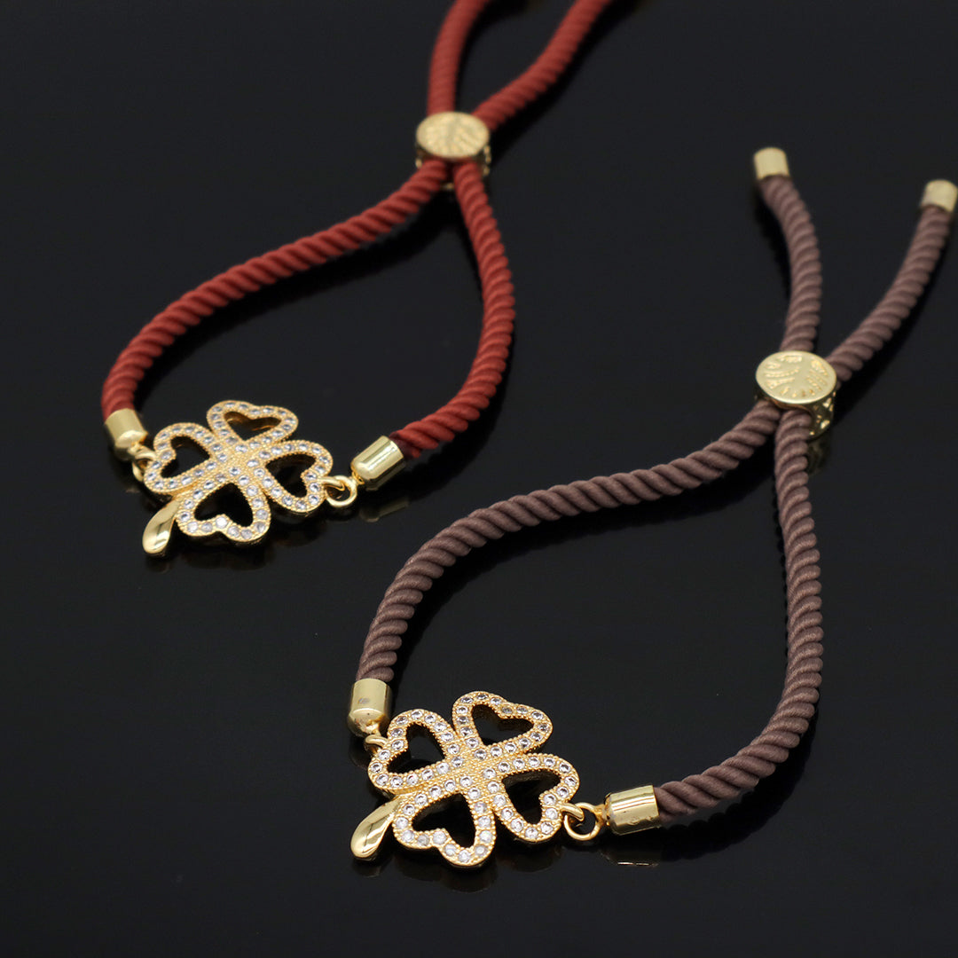 Manufacture Factory Wholesale Custom Ajustable Rope Lucky Charm Jewelry CZ Gold Plated Lucky Ladies Four Leaf clover bracelet