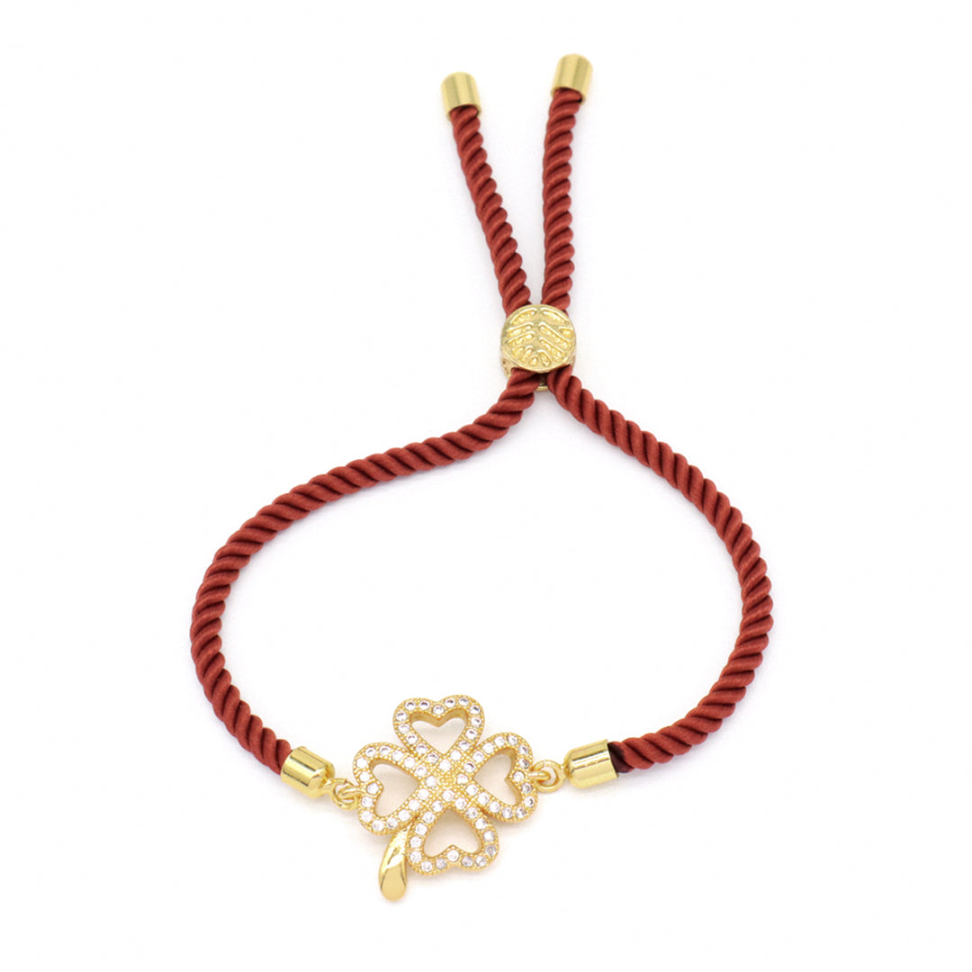 Manufacture Factory Wholesale Custom Ajustable Rope Lucky Charm Jewelry CZ Gold Plated Lucky Ladies Four Leaf clover bracelet