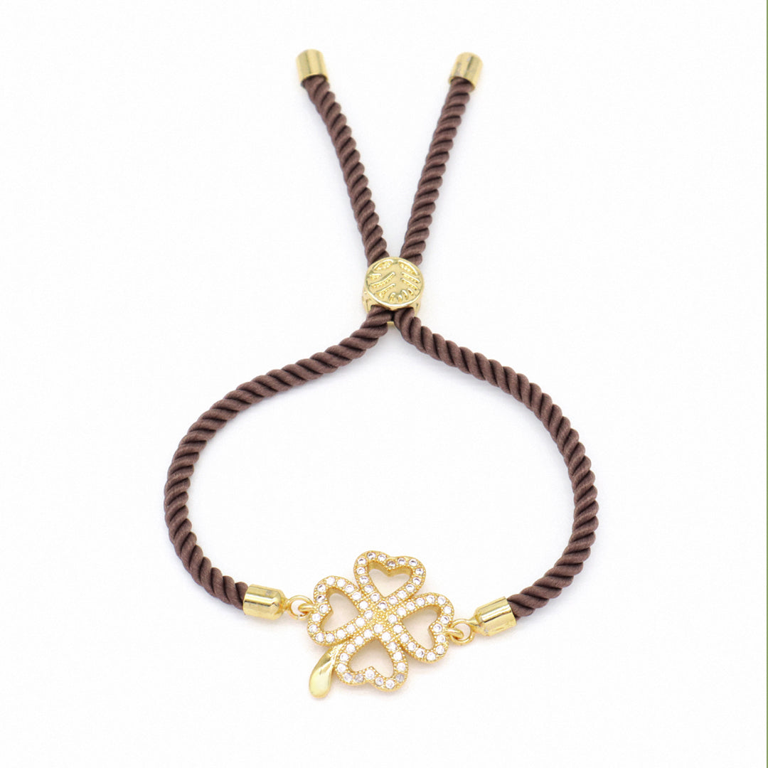 Manufacture Factory Wholesale Custom Ajustable Rope Lucky Charm Jewelry CZ Gold Plated Lucky Ladies Four Leaf clover bracelet