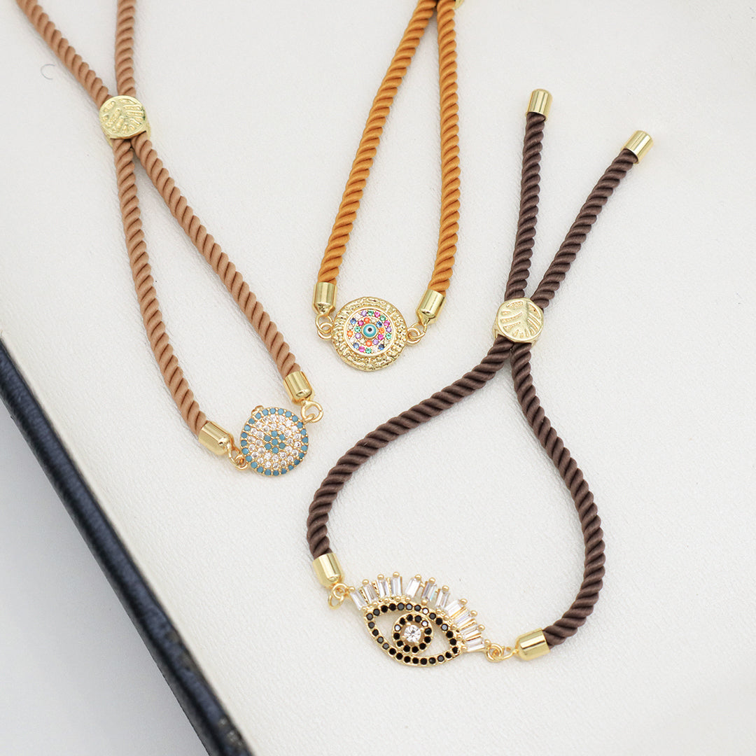 Wholesale OEM Custom Factory Women Gift Ajustable Rope Gold Plated Rainbow CZ Round Blue Black Turkish evil eyes Charm bracelet