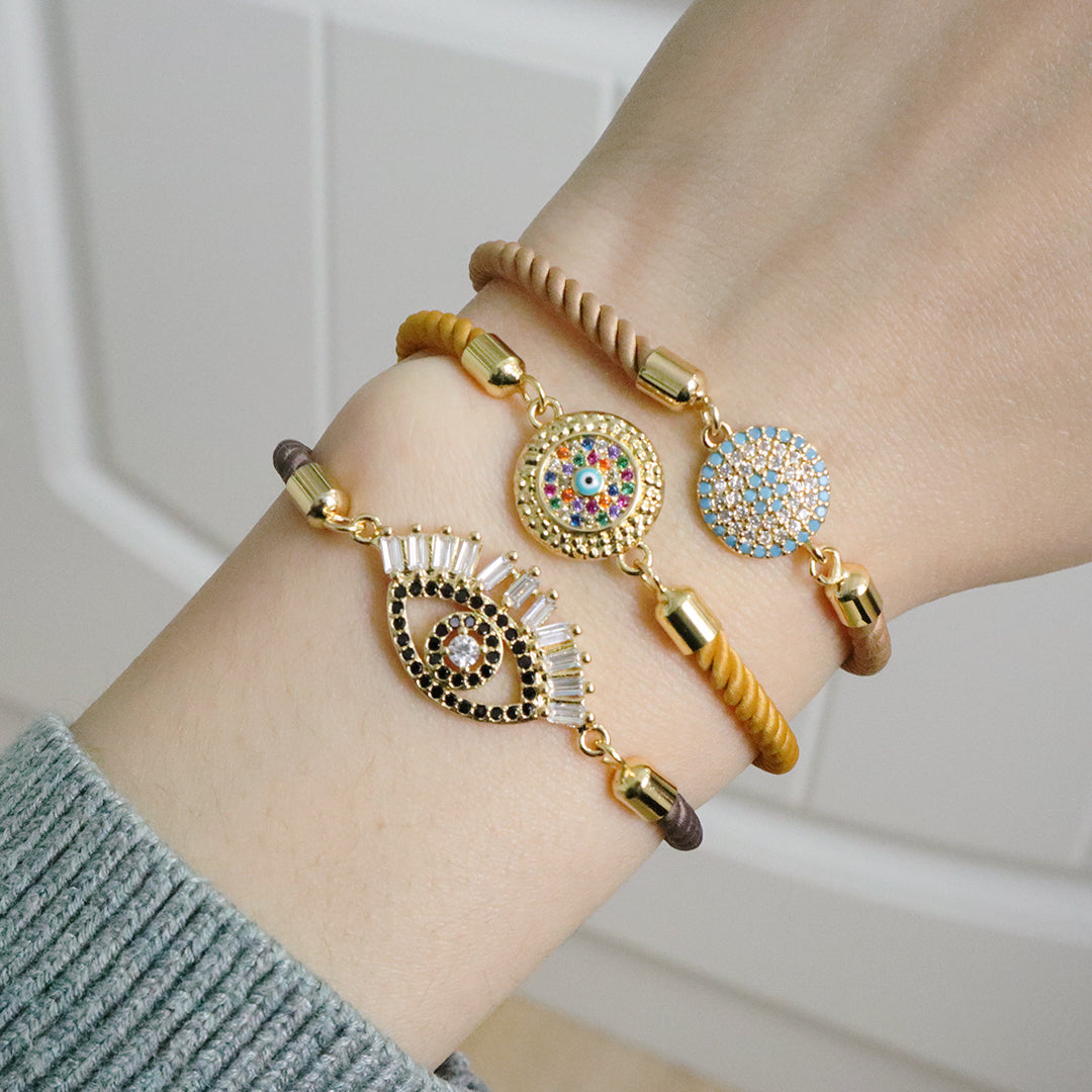 Wholesale OEM Custom Factory Women Gift Ajustable Rope Gold Plated Rainbow CZ Round Blue Black Turkish evil eyes Charm bracelet