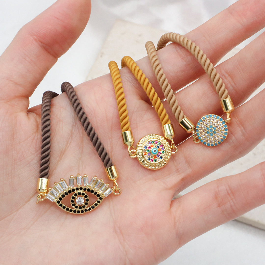Wholesale OEM Custom Factory Women Gift Ajustable Rope Gold Plated Rainbow CZ Round Blue Black Turkish evil eyes Charm bracelet