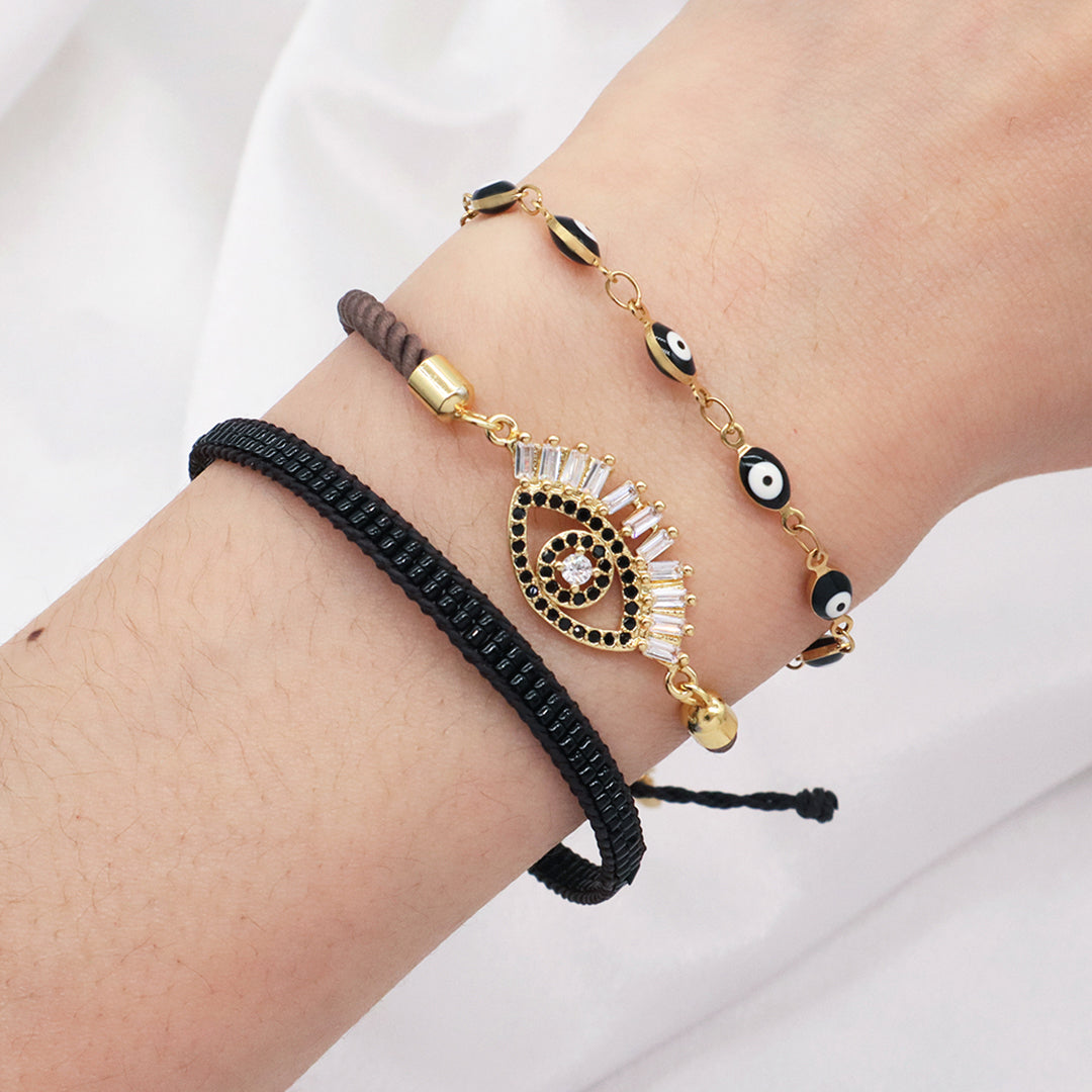 Wholesale OEM Custom Factory Women Gift Ajustable Rope Gold Plated Rainbow CZ Round Blue Black Turkish evil eyes Charm bracelet