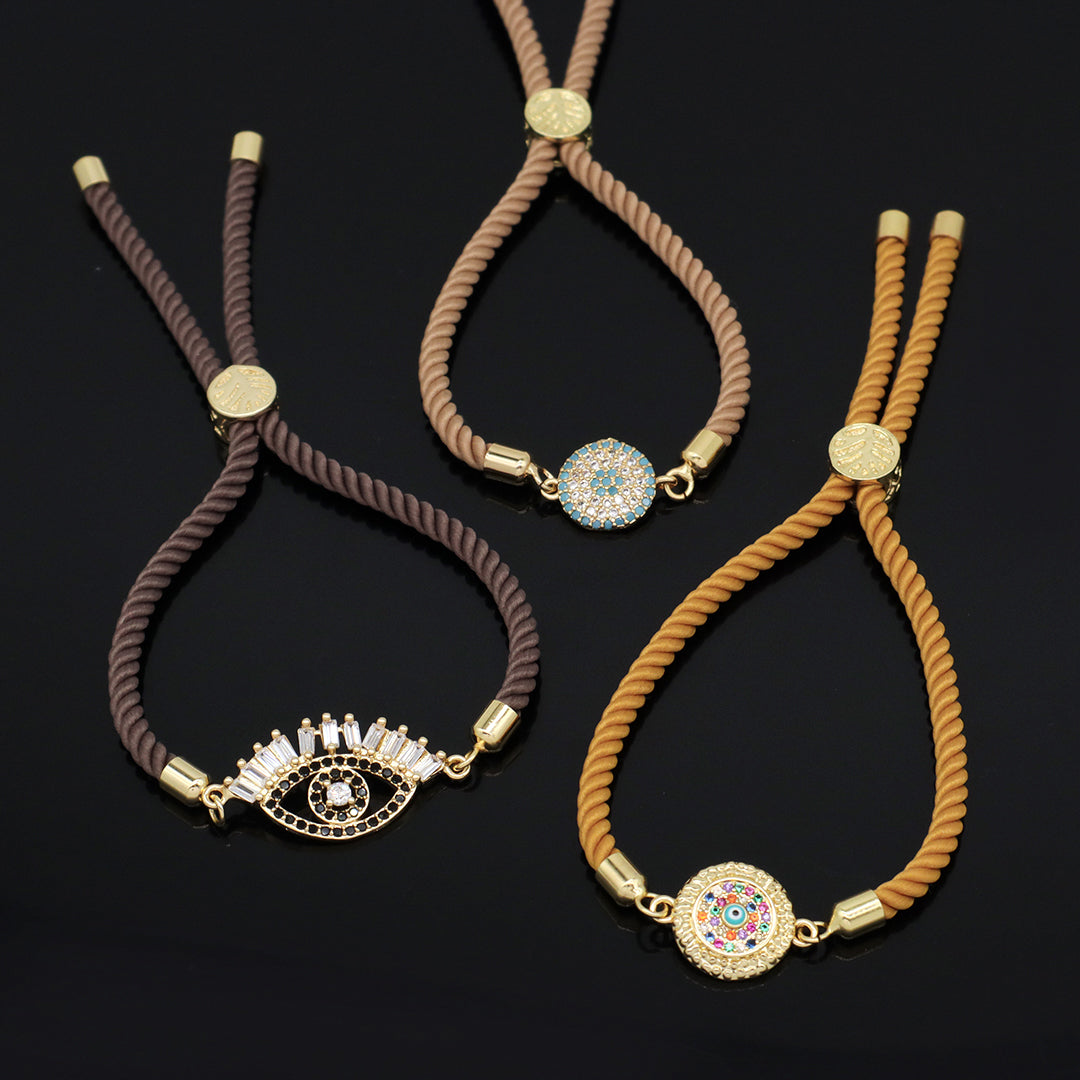 Wholesale OEM Custom Factory Women Gift Ajustable Rope Gold Plated Rainbow CZ Round Blue Black Turkish evil eyes Charm bracelet