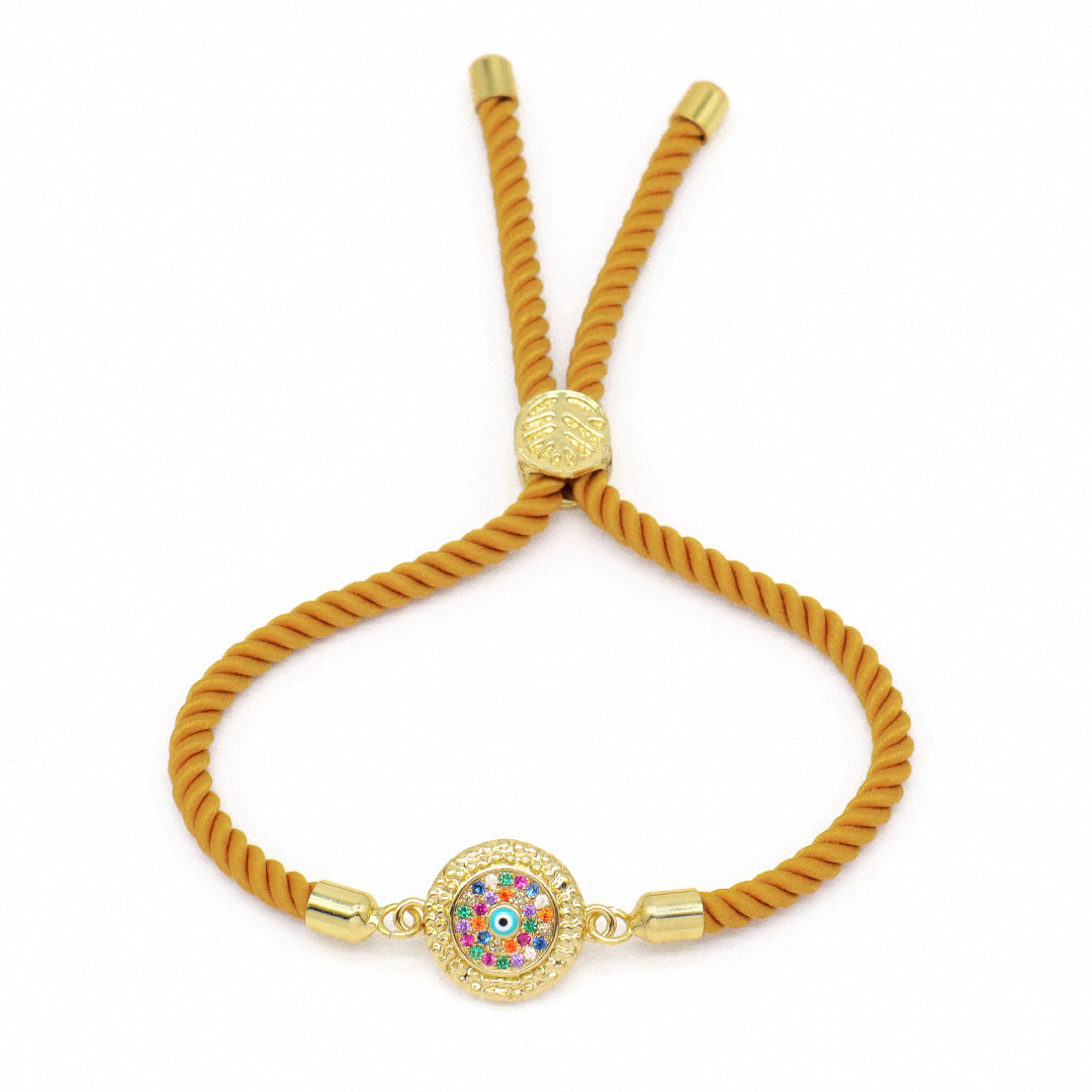 Wholesale OEM Custom Factory Women Gift Ajustable Rope Gold Plated Rainbow CZ Round Blue Black Turkish evil eyes Charm bracelet