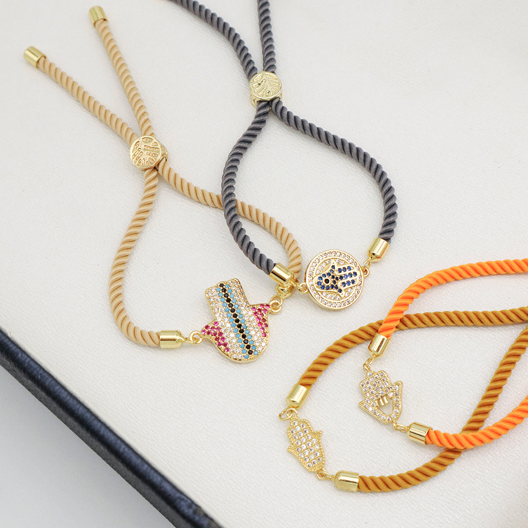 Custom Factory Wholesale Ajustable Orange Grey Rope Eye Hand Charm Jewelry CZ Gold Plated hamsa hand bracelet for Women Gift
