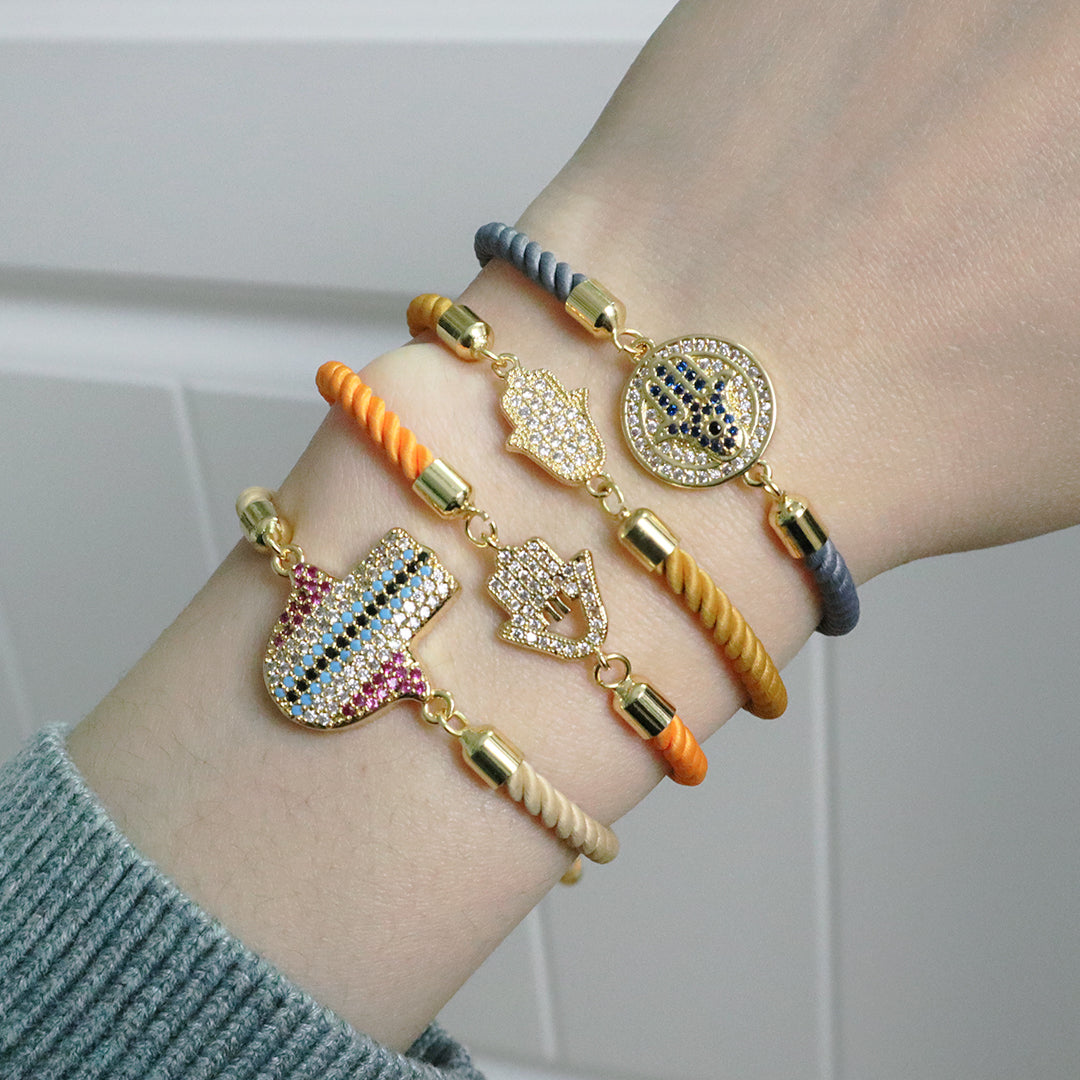 Custom Factory Wholesale Ajustable Orange Grey Rope Eye Hand Charm Jewelry CZ Gold Plated hamsa hand bracelet for Women Gift