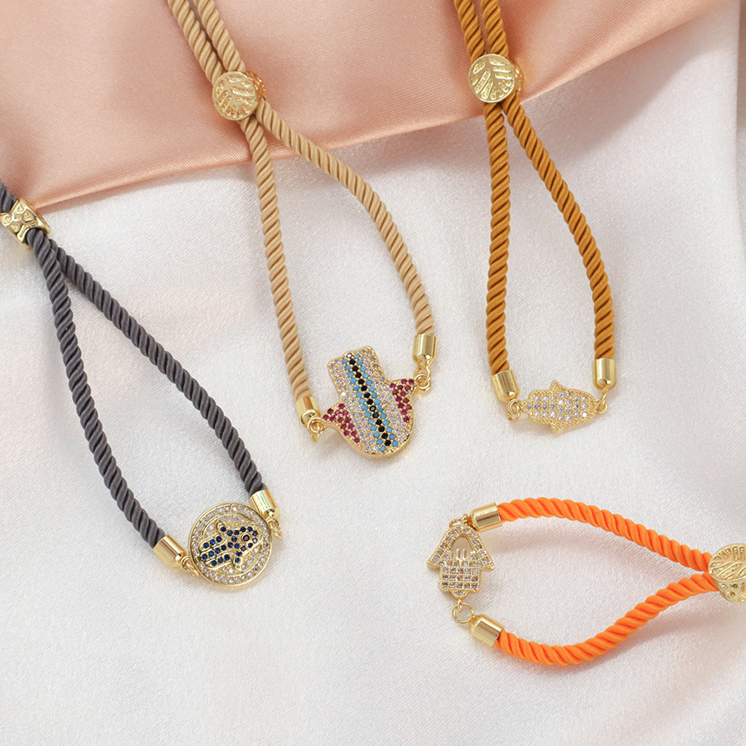 Custom Factory Wholesale Ajustable Orange Grey Rope Eye Hand Charm Jewelry CZ Gold Plated hamsa hand bracelet for Women Gift