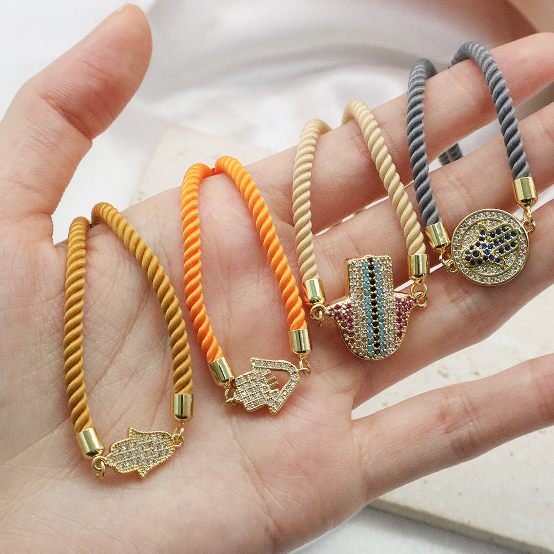 Custom Factory Wholesale Ajustable Orange Grey Rope Eye Hand Charm Jewelry CZ Gold Plated hamsa hand bracelet for Women Gift