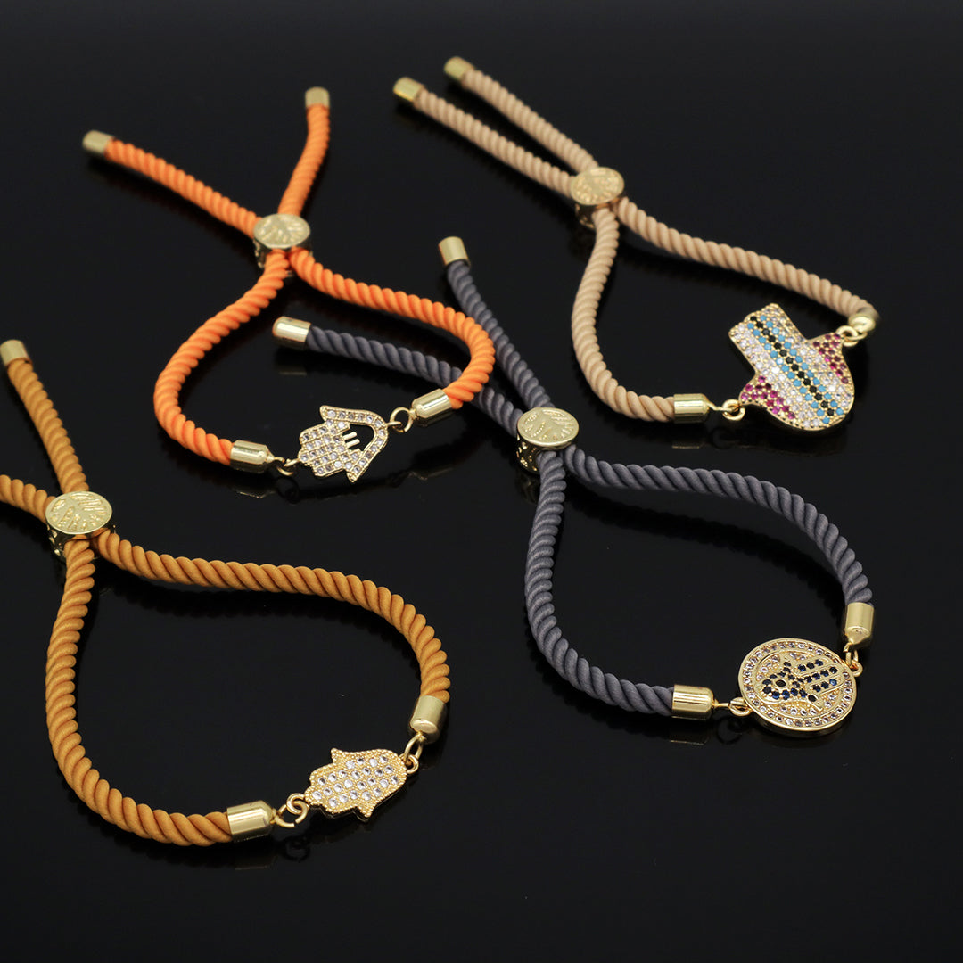 Custom Factory Wholesale Ajustable Orange Grey Rope Eye Hand Charm Jewelry CZ Gold Plated hamsa hand bracelet for Women Gift