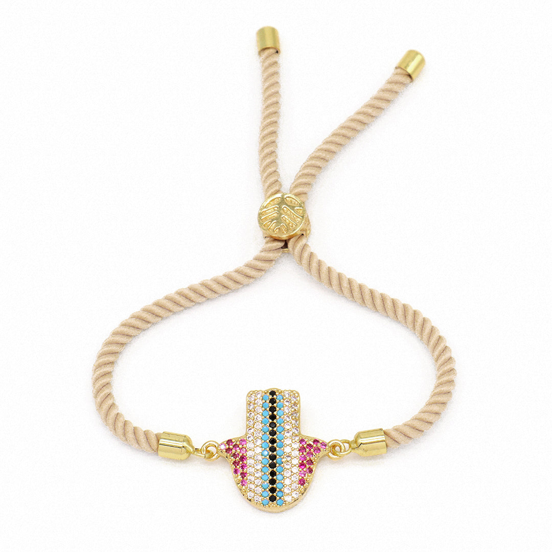 Custom Factory Wholesale Ajustable Orange Grey Rope Eye Hand Charm Jewelry CZ Gold Plated hamsa hand bracelet for Women Gift
