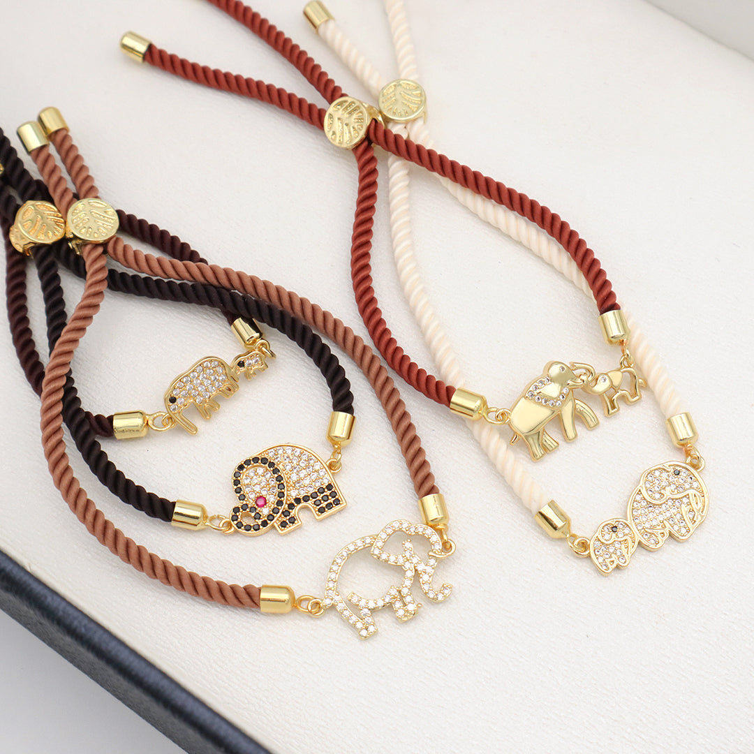 Mother Gift Jewelry Custom Factory Wholesale Gold Mom Baby elephant charm Ajustable Rope CZ Gold Plated elephant bracelet