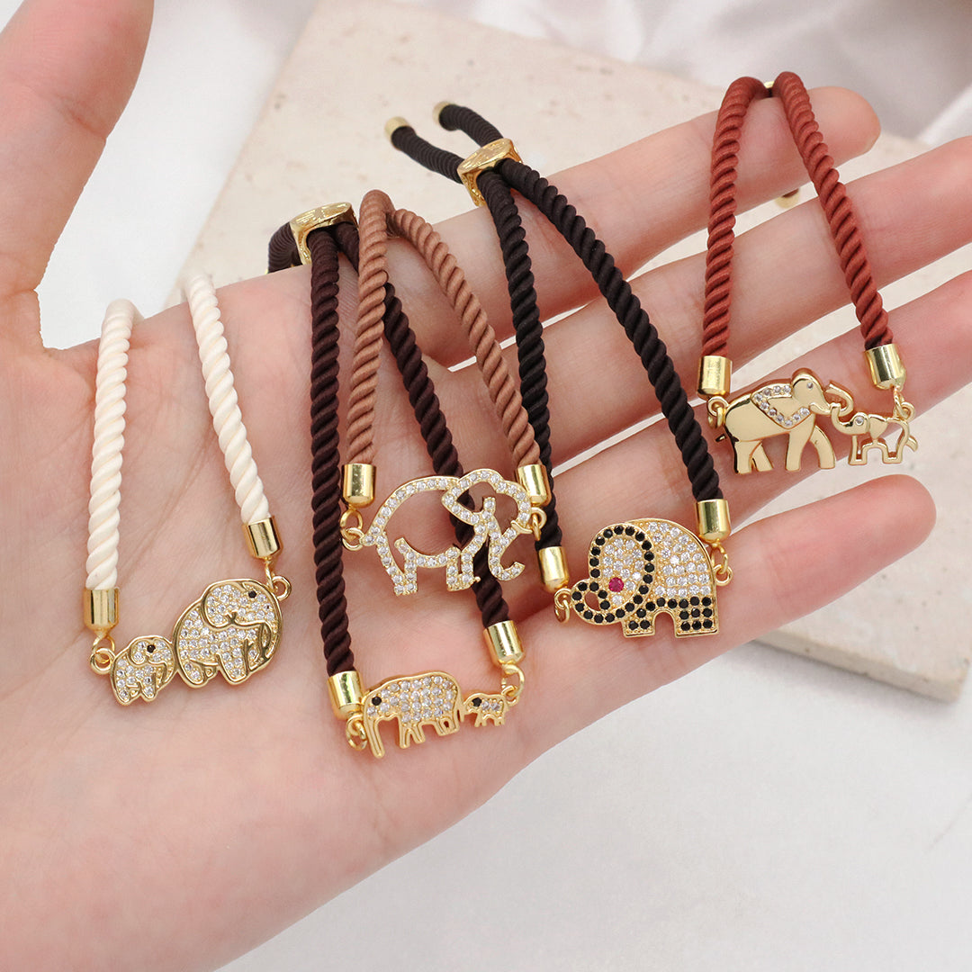 Mother Gift Jewelry Custom Factory Wholesale Gold Mom Baby elephant charm Ajustable Rope CZ Gold Plated elephant bracelet
