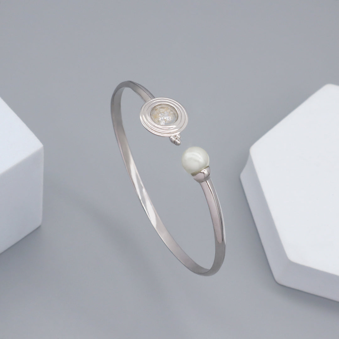 2022 New Manufacture Wholesale China Factory Customized Round Glass Mirror Sand CZ Charm Fresh Water Pearl Open Ajustable 925 Sterling Silver Bangle Bracelet For Women Gift