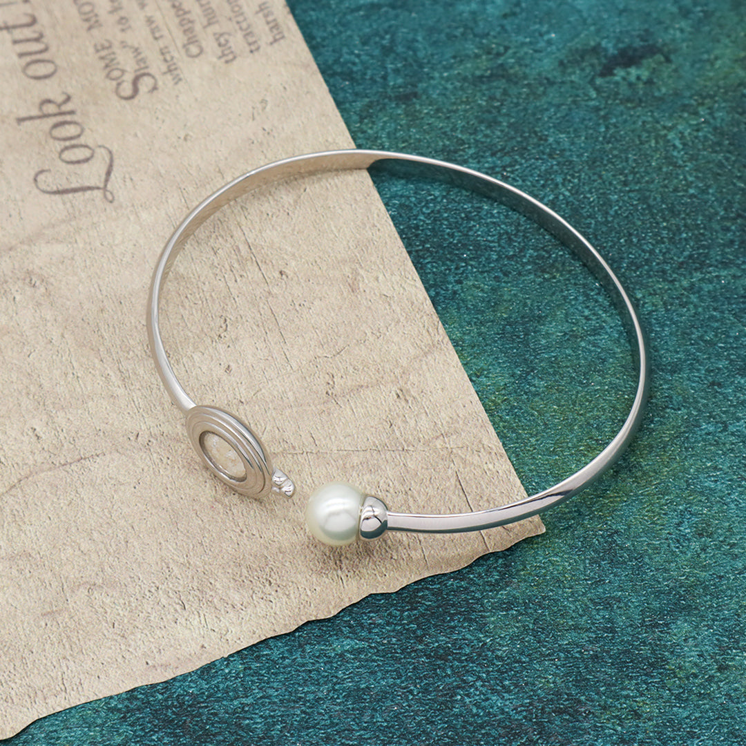 2022 New Manufacture Wholesale China Factory Customized Round Glass Mirror Sand CZ Charm Fresh Water Pearl Open Ajustable 925 Sterling Silver Bangle Bracelet For Women Gift