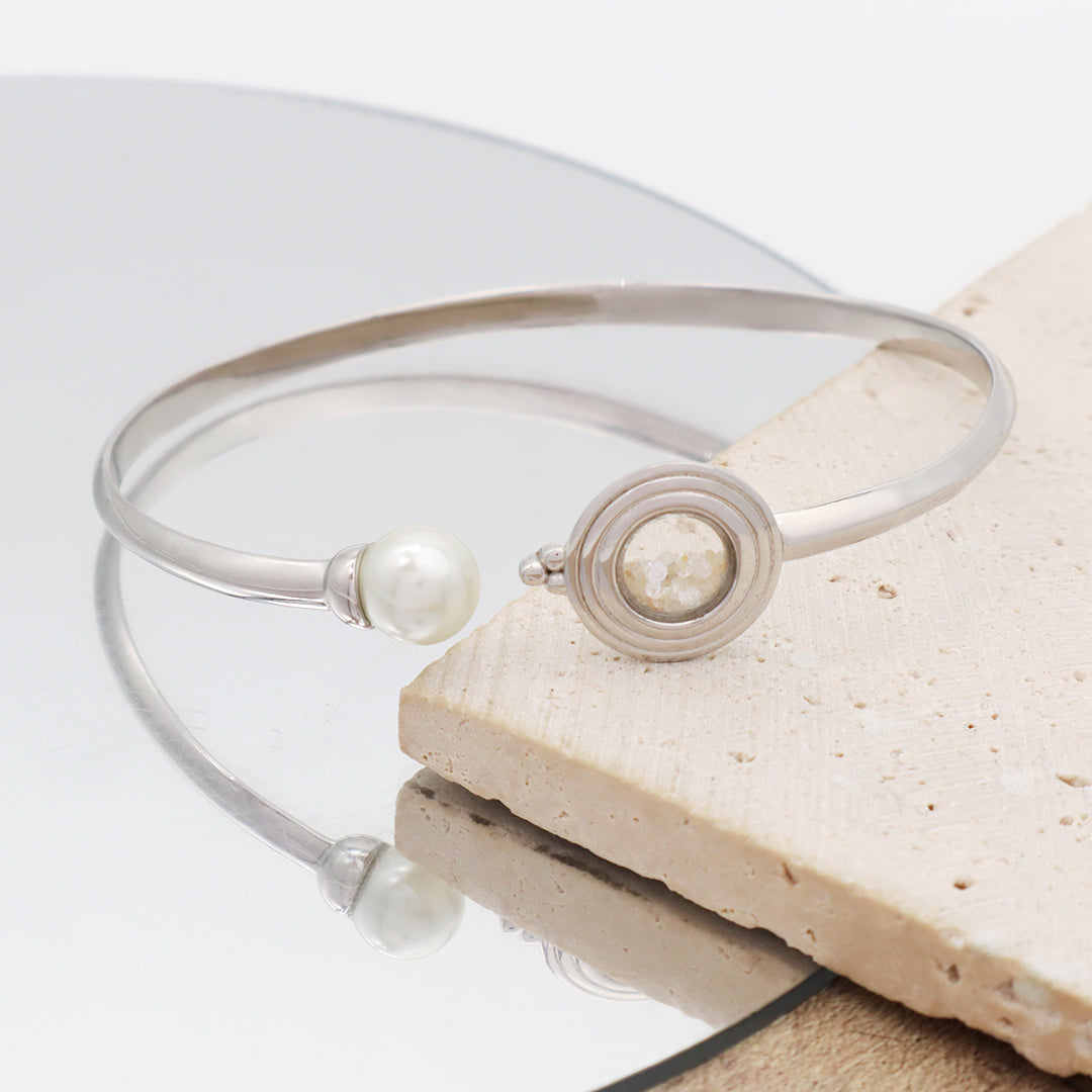 2022 New Manufacture Wholesale China Factory Customized Round Glass Mirror Sand CZ Charm Fresh Water Pearl Open Ajustable 925 Sterling Silver Bangle Bracelet For Women Gift
