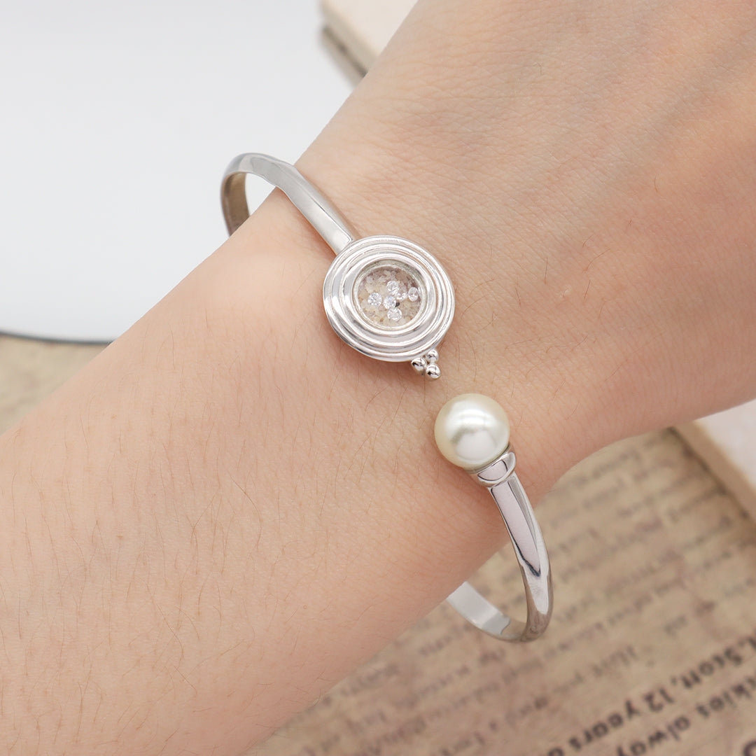 2022 New Manufacture Wholesale China Factory Customized Round Glass Mirror Sand CZ Charm Fresh Water Pearl Open Ajustable 925 Sterling Silver Bangle Bracelet For Women Gift