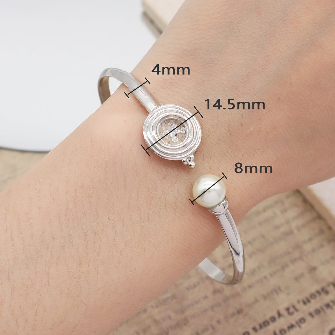 2022 New Manufacture Wholesale China Factory Customized Round Glass Mirror Sand CZ Charm Fresh Water Pearl Open Ajustable 925 Sterling Silver Bangle Bracelet For Women Gift