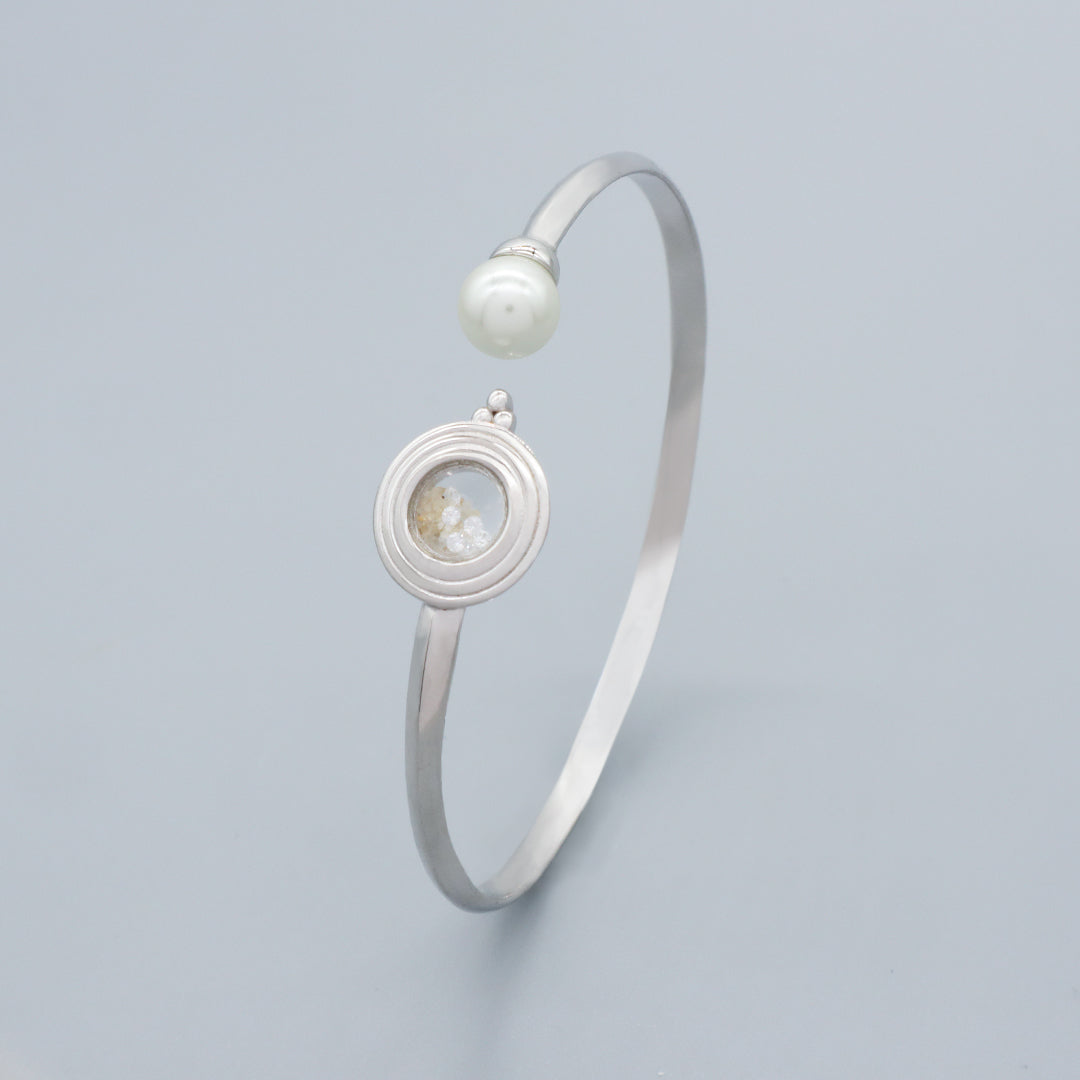 2022 New Manufacture Wholesale China Factory Customized Round Glass Mirror Sand CZ Charm Fresh Water Pearl Open Ajustable 925 Sterling Silver Bangle Bracelet For Women Gift