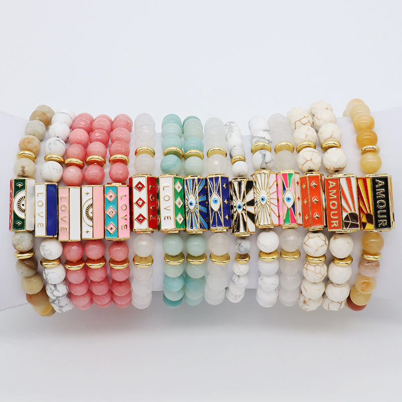 Natural Stone Bracelet Various Gemstone Cute Design Bohemia Eye Love Amour Enamel Charm Beads Elastic Bracelet For Women Jewelry