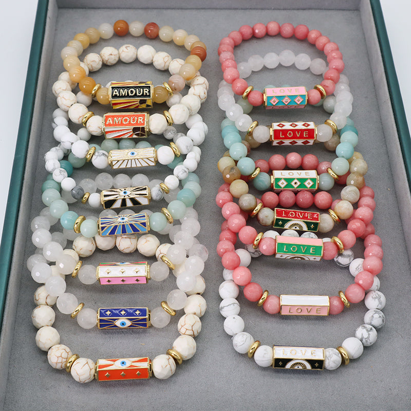 Natural Stone Bracelet Various Gemstone Cute Design Bohemia Eye Love Amour Enamel Charm Beads Elastic Bracelet For Women Jewelry