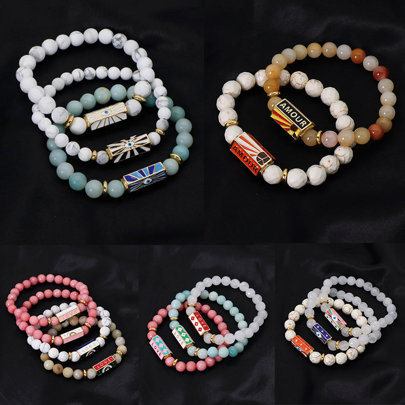 Natural Stone Bracelet Various Gemstone Cute Design Bohemia Eye Love Amour Enamel Charm Beads Elastic Bracelet For Women Jewelry